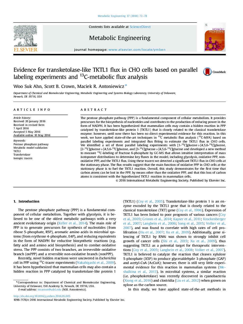 Evidence for transketolase-like TKTL1 flux in CHO cells based on parallel labeling experiments and 13C-metabolic flux analysis