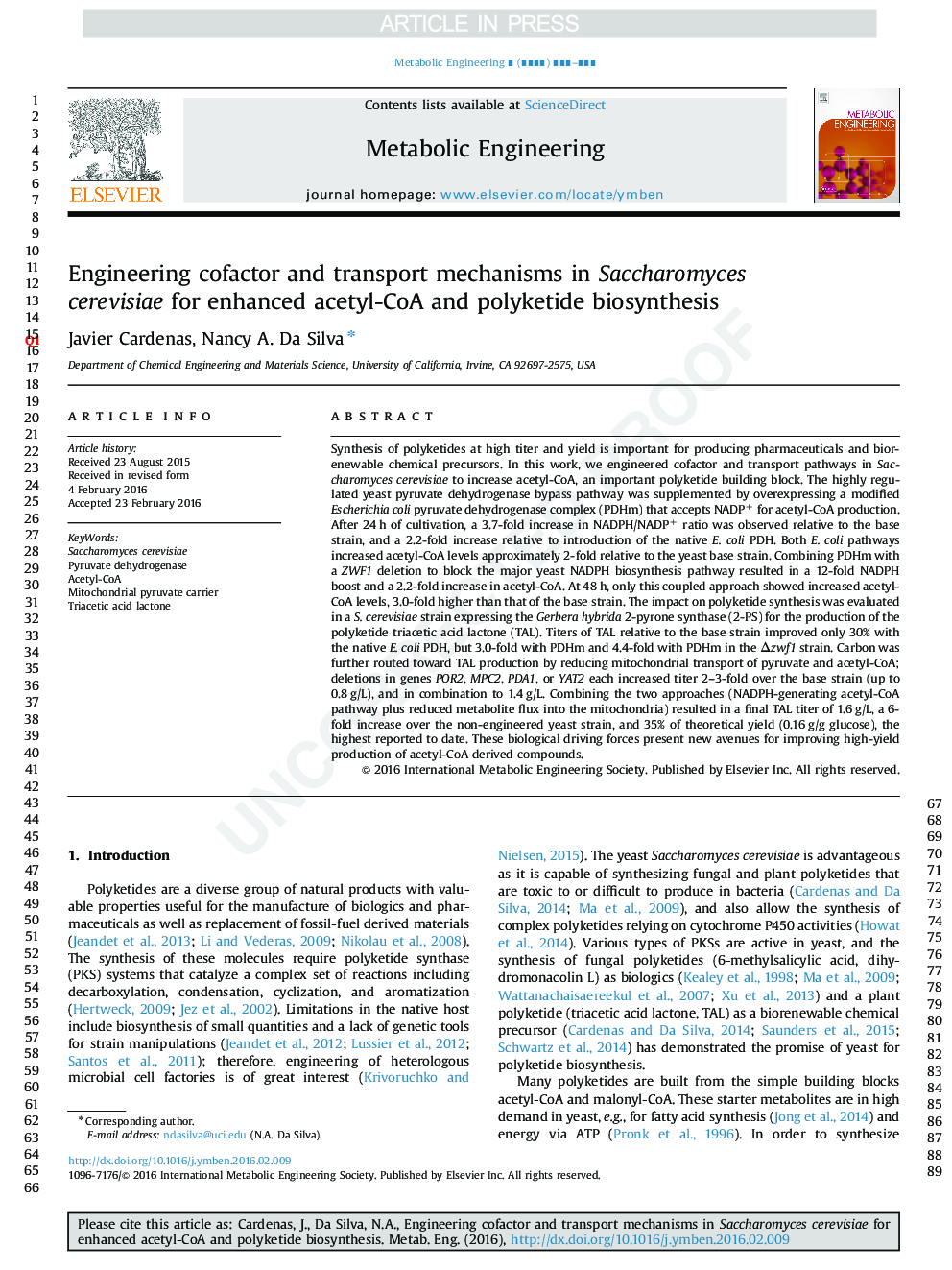 Engineering cofactor and transport mechanisms in Saccharomyces cerevisiae for enhanced acetyl-CoA and polyketide biosynthesis