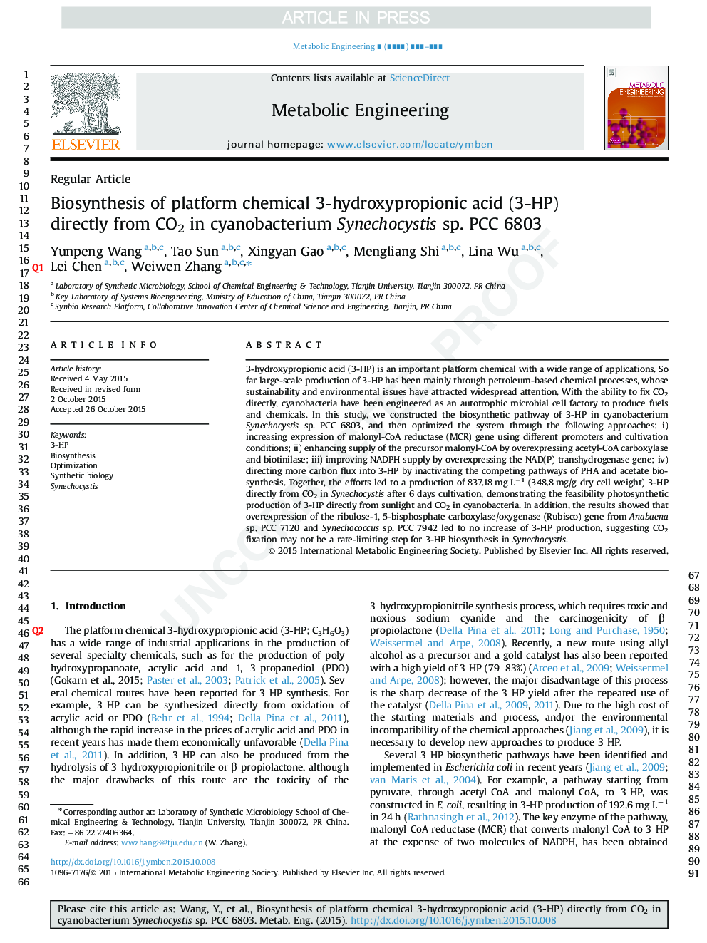 Biosynthesis of platform chemical 3-hydroxypropionic acid (3-HP) directly from CO2 in cyanobacterium Synechocystis sp. PCC 6803