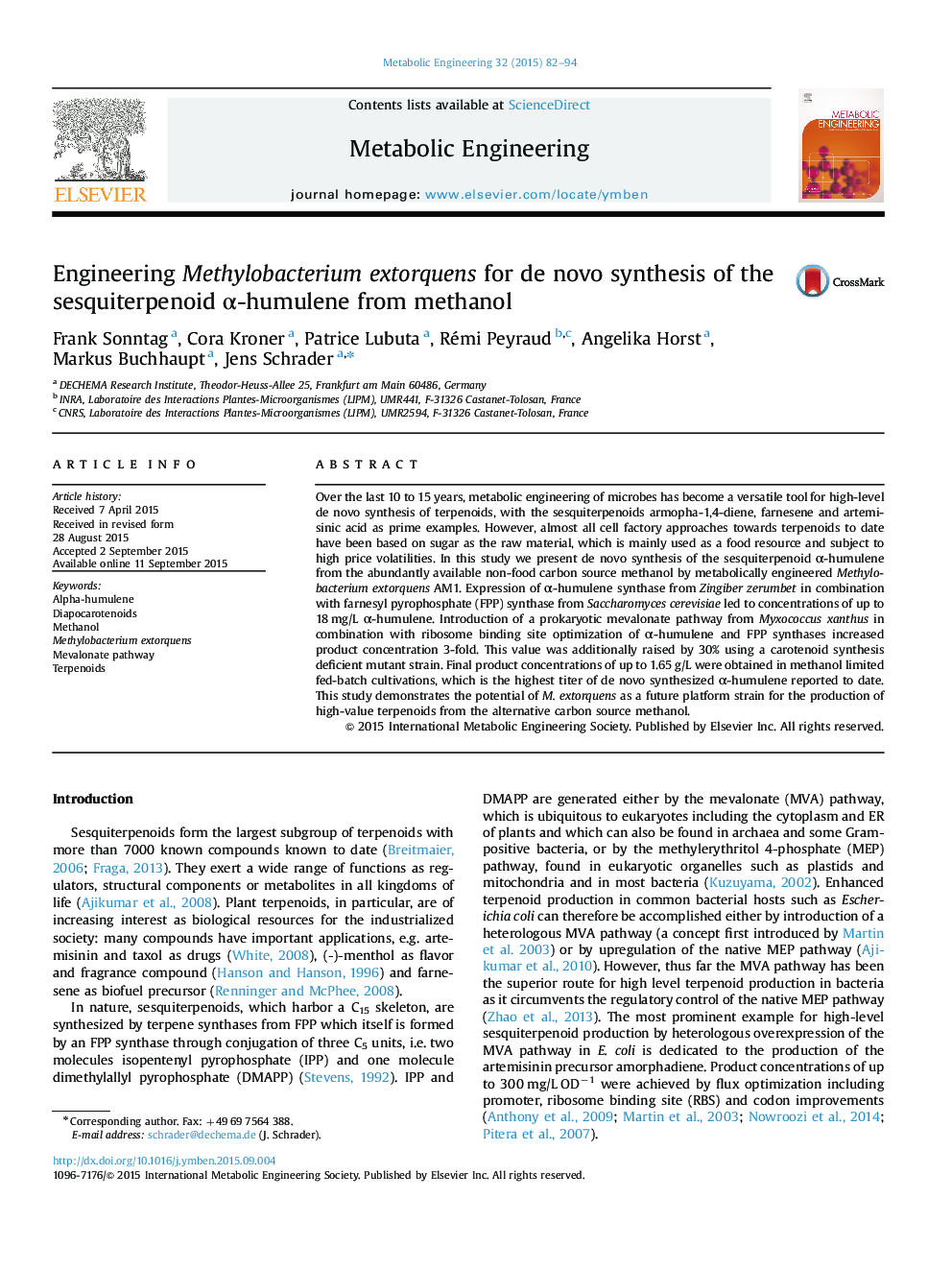 Engineering Methylobacterium extorquens for de novo synthesis of the sesquiterpenoid Î±-humulene from methanol