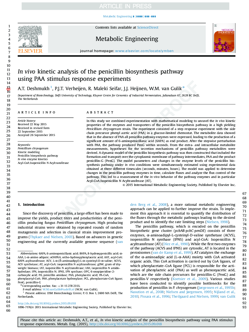 In vivo kinetic analysis of the penicillin biosynthesis pathway using PAA stimulus response experiments