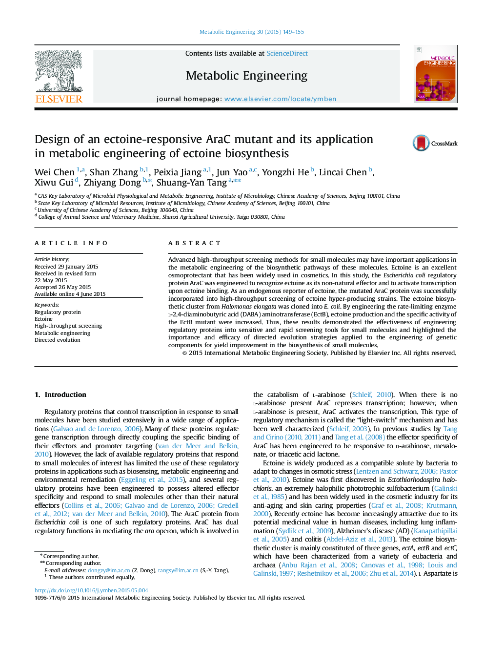 Design of an ectoine-responsive AraC mutant and its application in metabolic engineering of ectoine biosynthesis