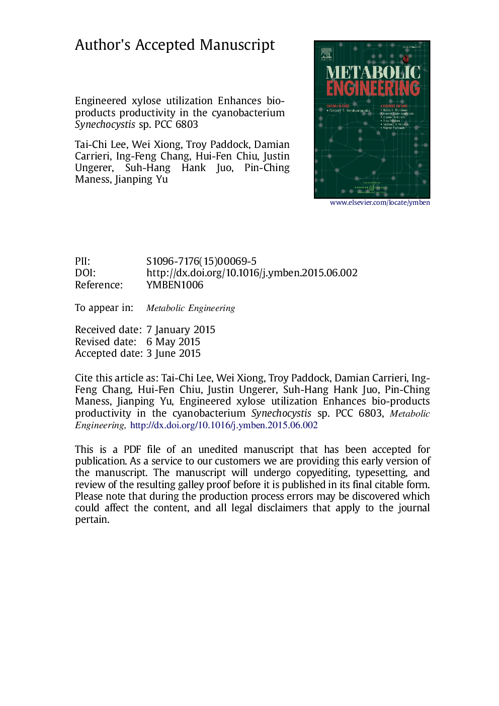 Engineered xylose utilization enhances bio-products productivity in the cyanobacterium Synechocystis sp. PCC 6803