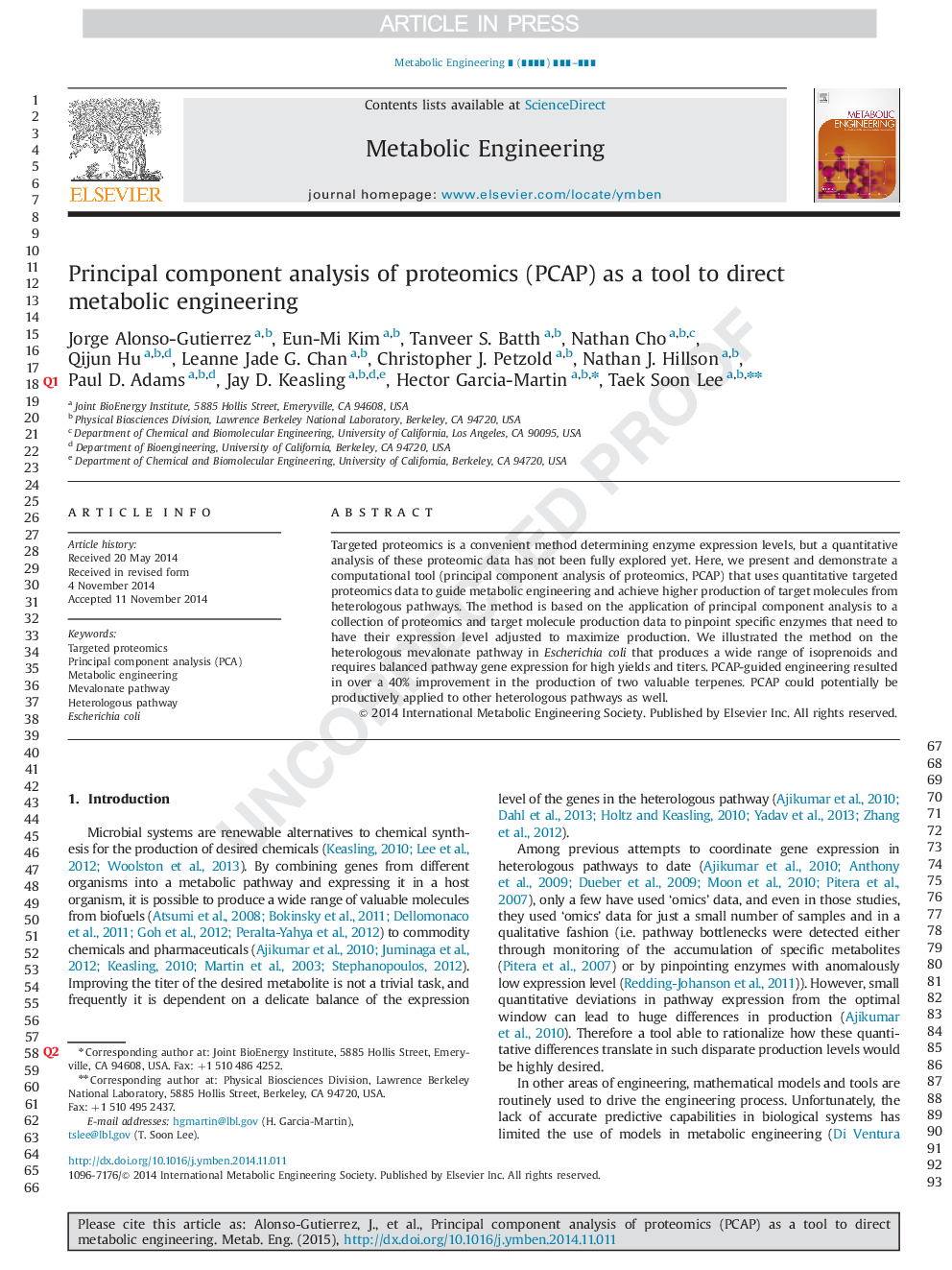 Principal component analysis of proteomics (PCAP) as a tool to direct metabolic engineering