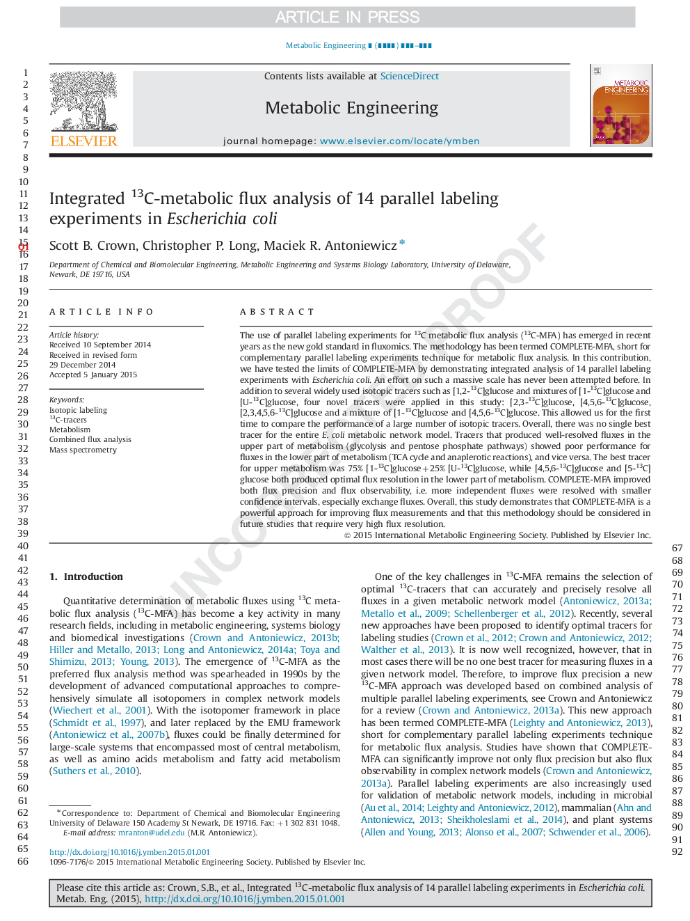 Integrated 13C-metabolic flux analysis of 14 parallel labeling experiments in Escherichia coli