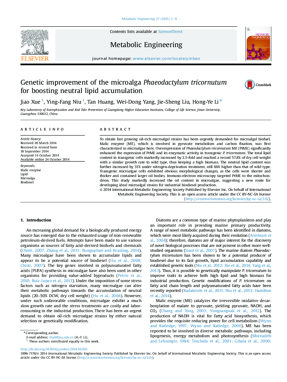 Genetic improvement of the microalga Phaeodactylum tricornutum for boosting neutral lipid accumulation