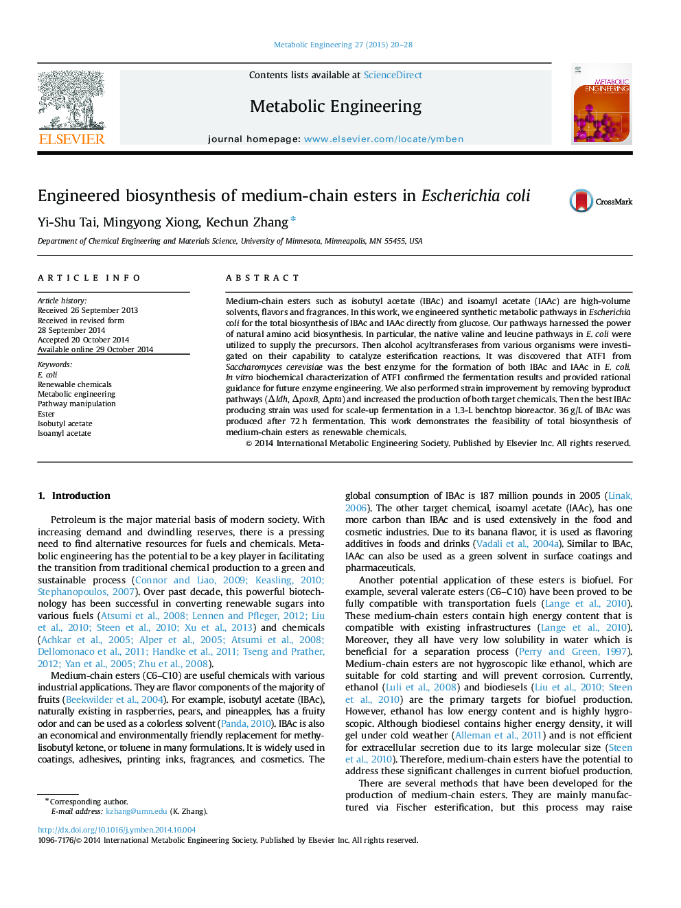 Engineered biosynthesis of medium-chain esters in Escherichia coli