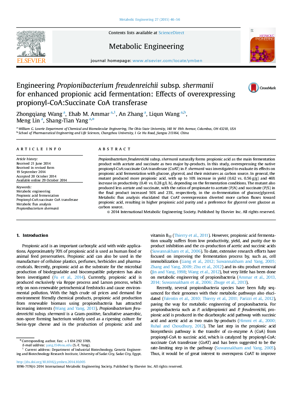 Engineering Propionibacterium freudenreichii subsp. shermanii for enhanced propionic acid fermentation: Effects of overexpressing propionyl-CoA:Succinate CoA transferase