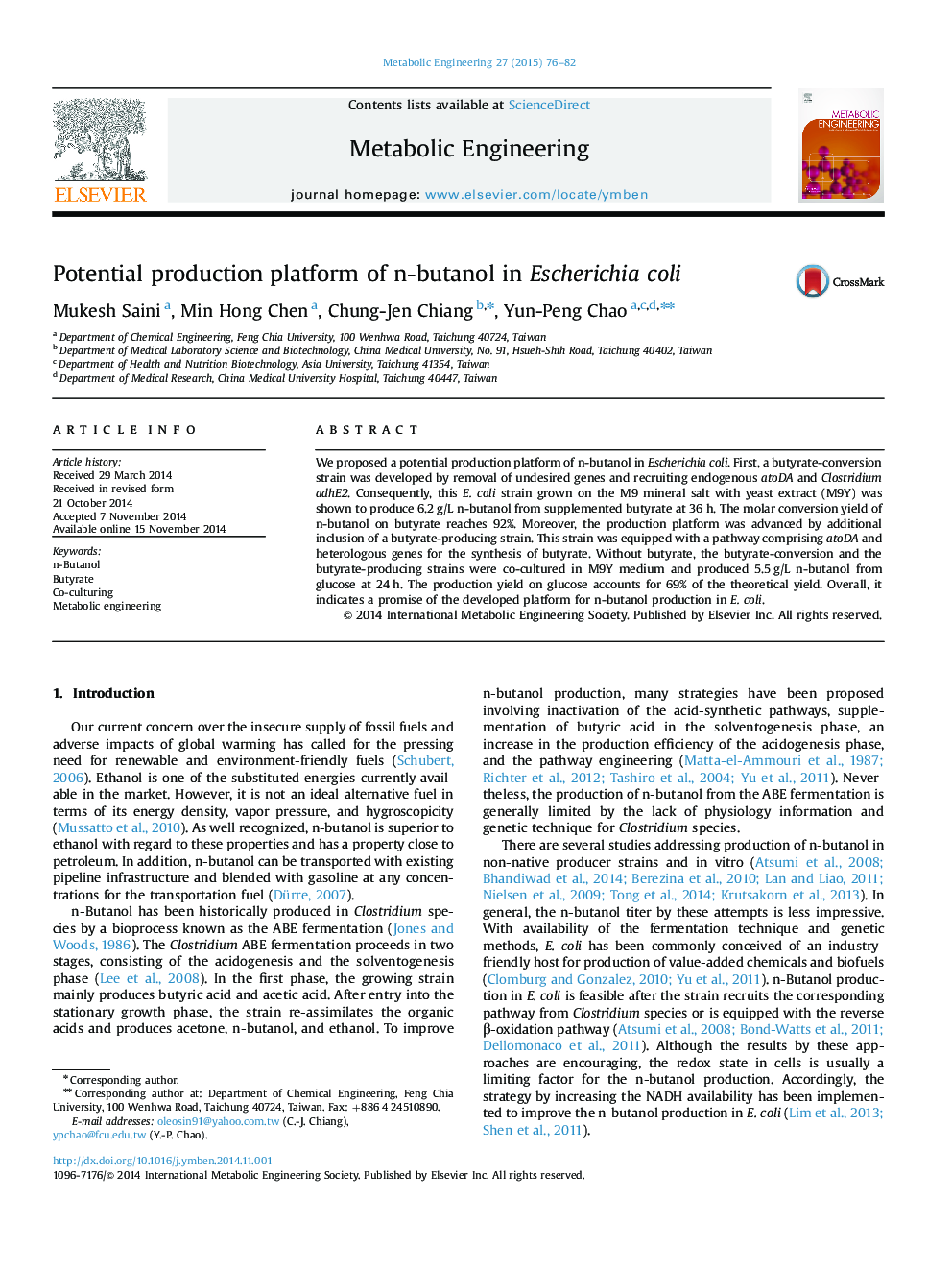 Potential production platform of n-butanol in Escherichia coli