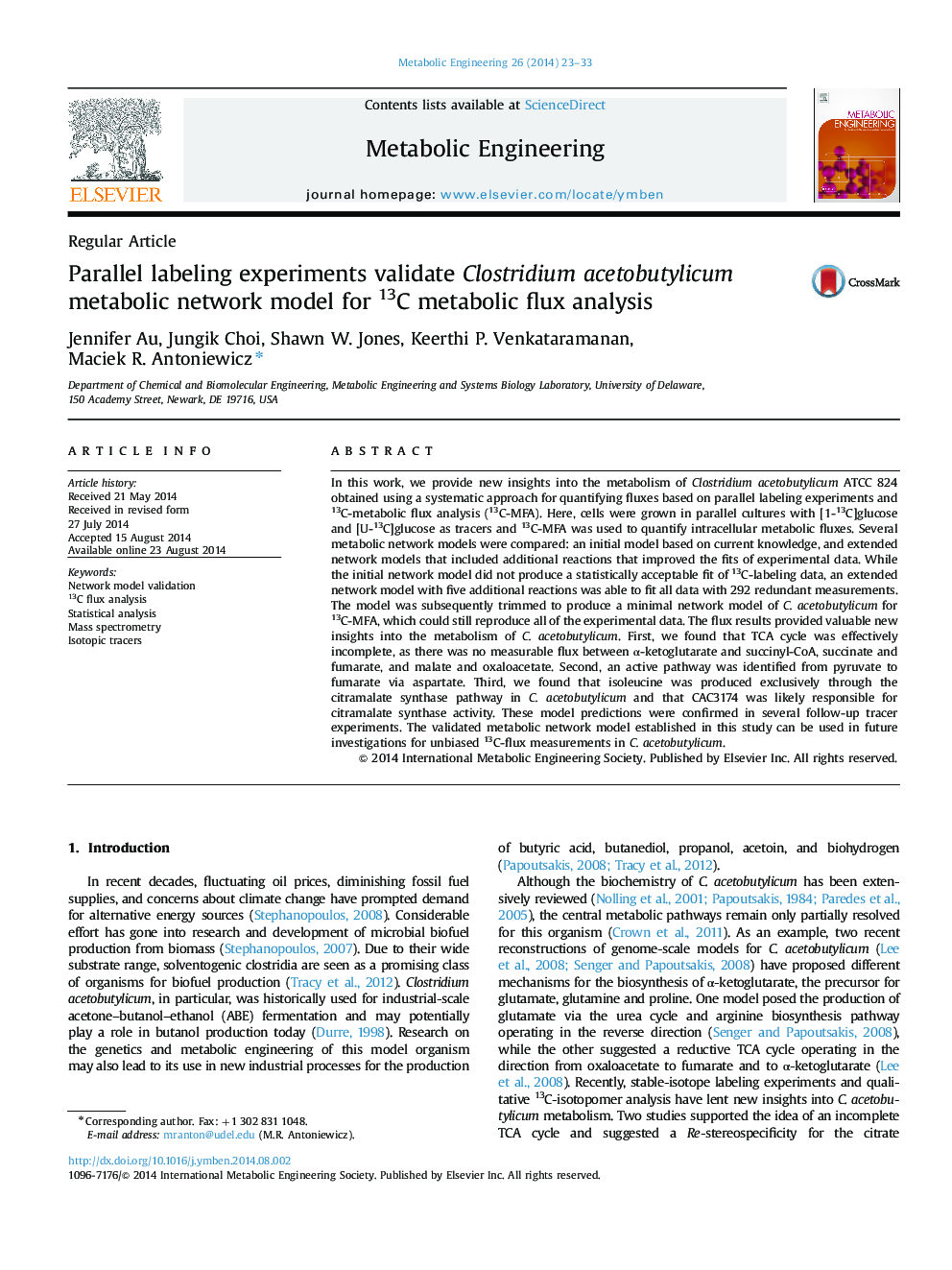 Parallel labeling experiments validate Clostridium acetobutylicum metabolic network model for 13C metabolic flux analysis