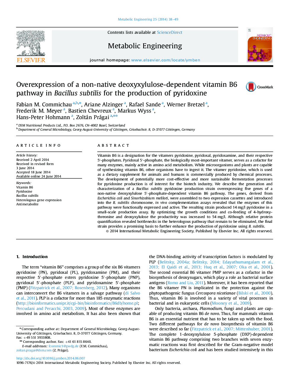 Overexpression of a non-native deoxyxylulose-dependent vitamin B6 pathway in Bacillus subtilis for the production of pyridoxine