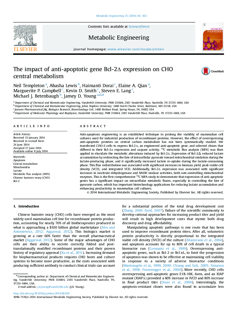 The impact of anti-apoptotic gene Bcl-2â expression on CHO central metabolism