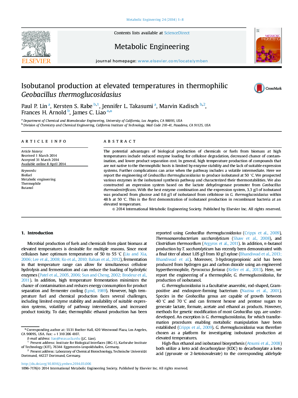 Isobutanol production at elevated temperatures in thermophilic Geobacillus thermoglucosidasius