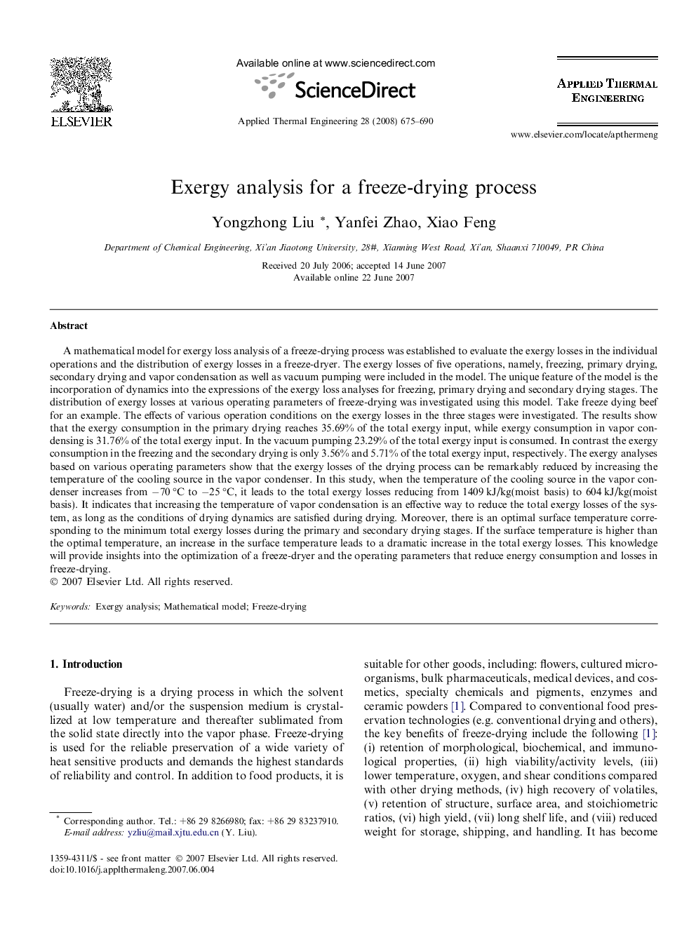 Exergy analysis for a freeze-drying process