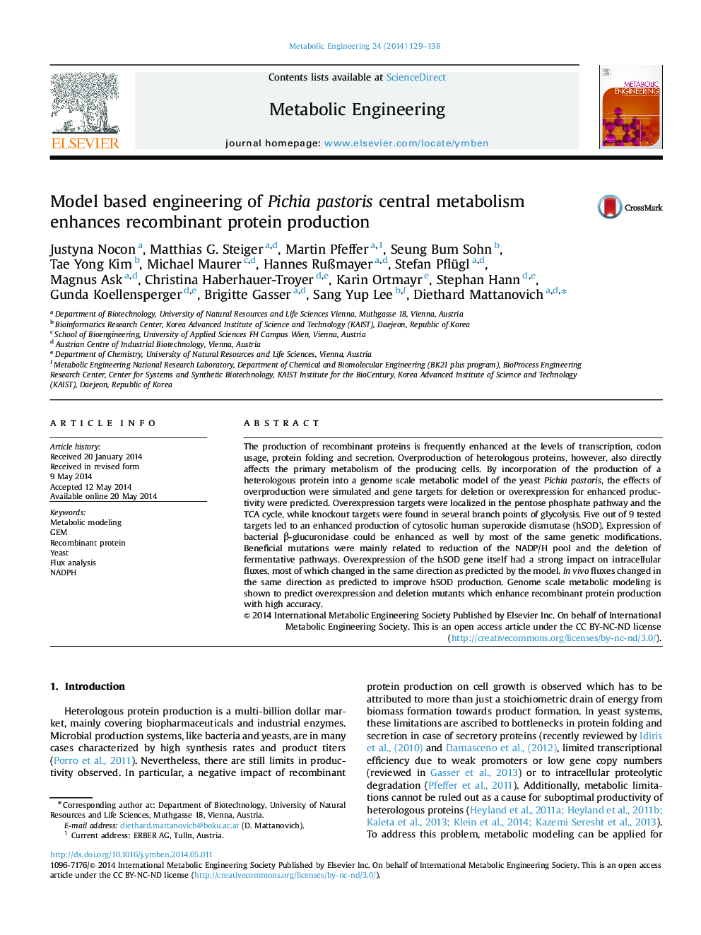 Model based engineering of Pichia pastoris central metabolism enhances recombinant protein production