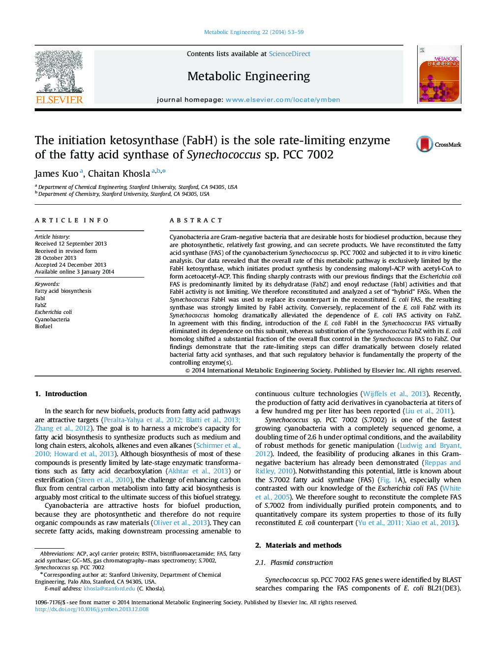 The initiation ketosynthase (FabH) is the sole rate-limiting enzyme of the fatty acid synthase of Synechococcus sp. PCC 7002