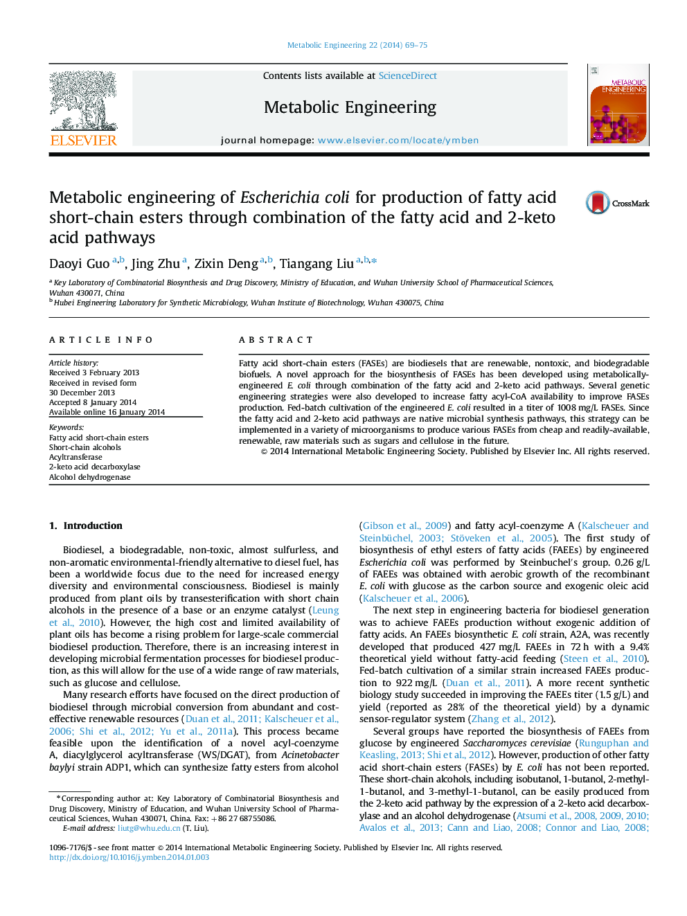 Metabolic engineering of Escherichia coli for production of fatty acid short-chain esters through combination of the fatty acid and 2-keto acid pathways