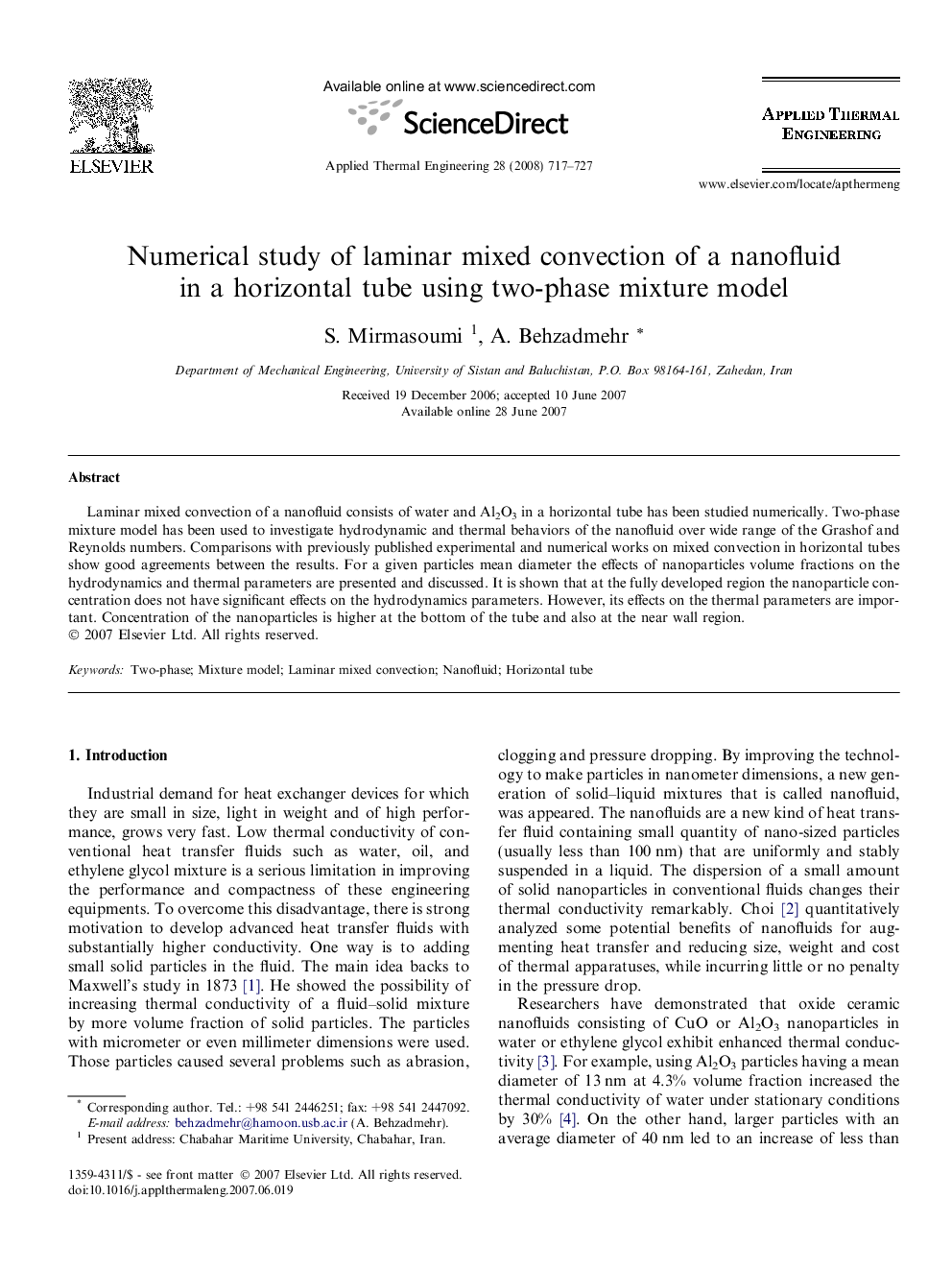 Numerical study of laminar mixed convection of a nanofluid in a horizontal tube using two-phase mixture model