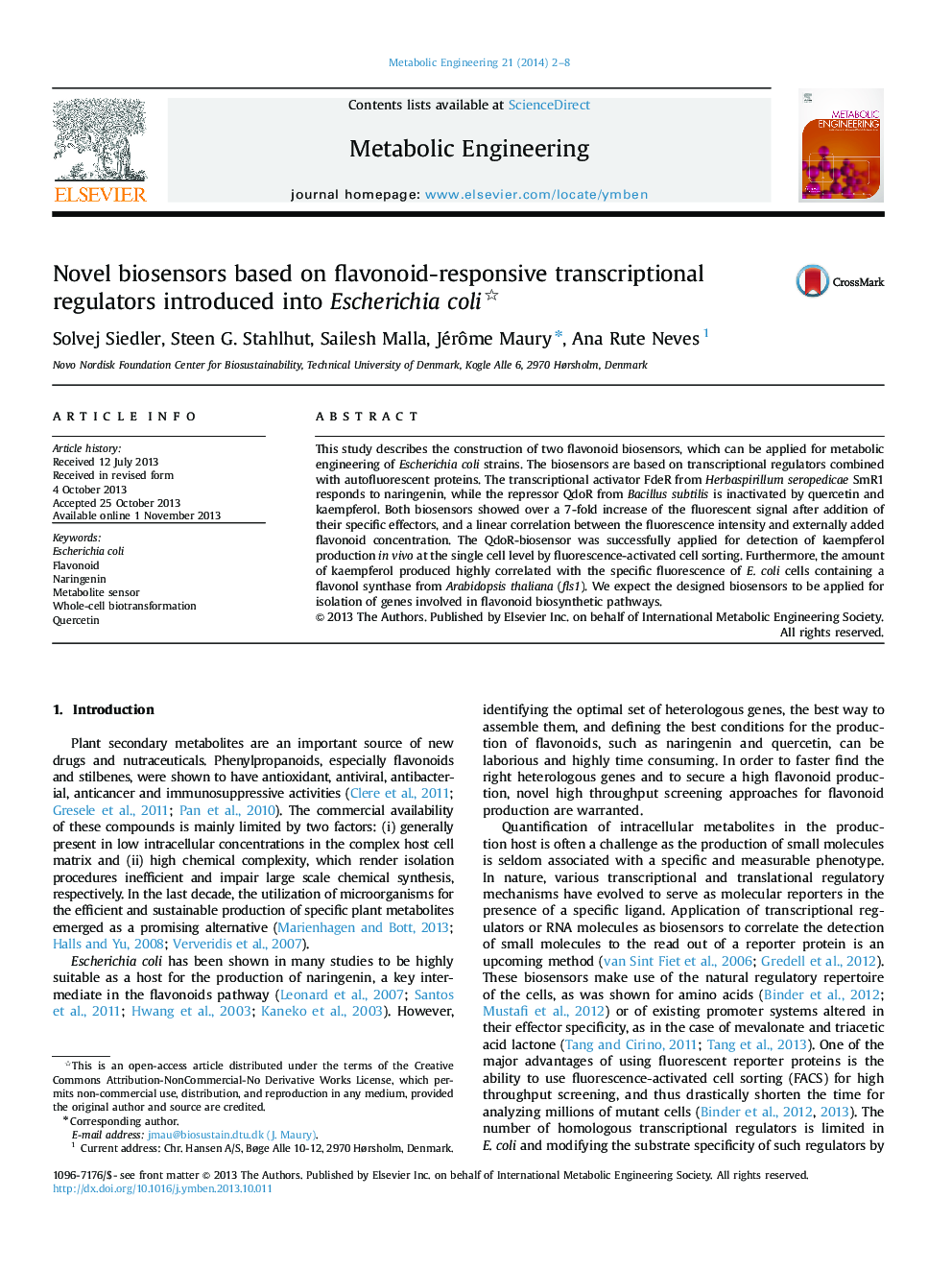 Novel biosensors based on flavonoid-responsive transcriptional regulators introduced into Escherichia coli