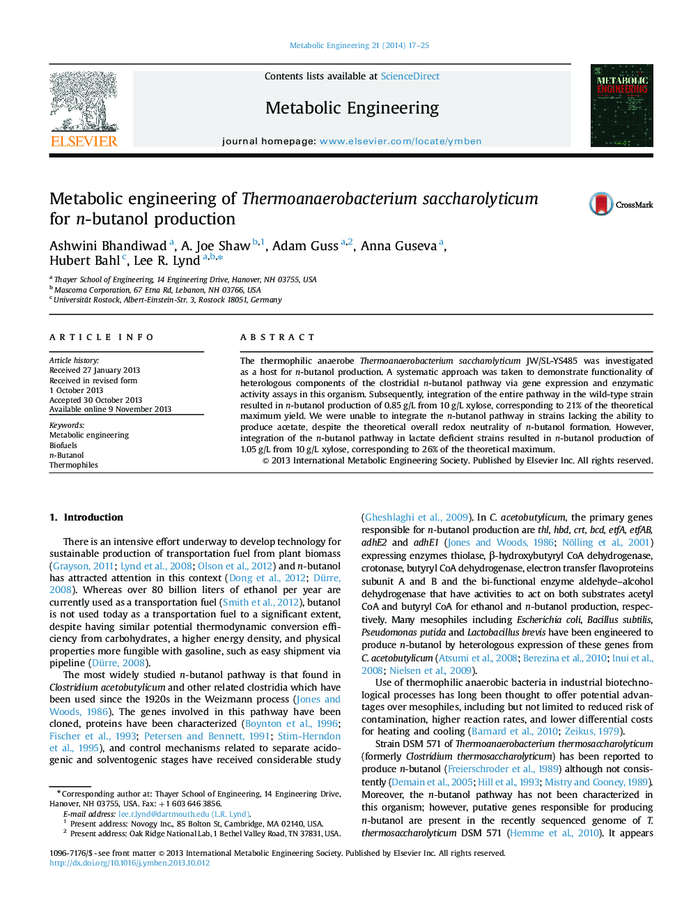 Metabolic engineering of Thermoanaerobacterium saccharolyticum for n-butanol production