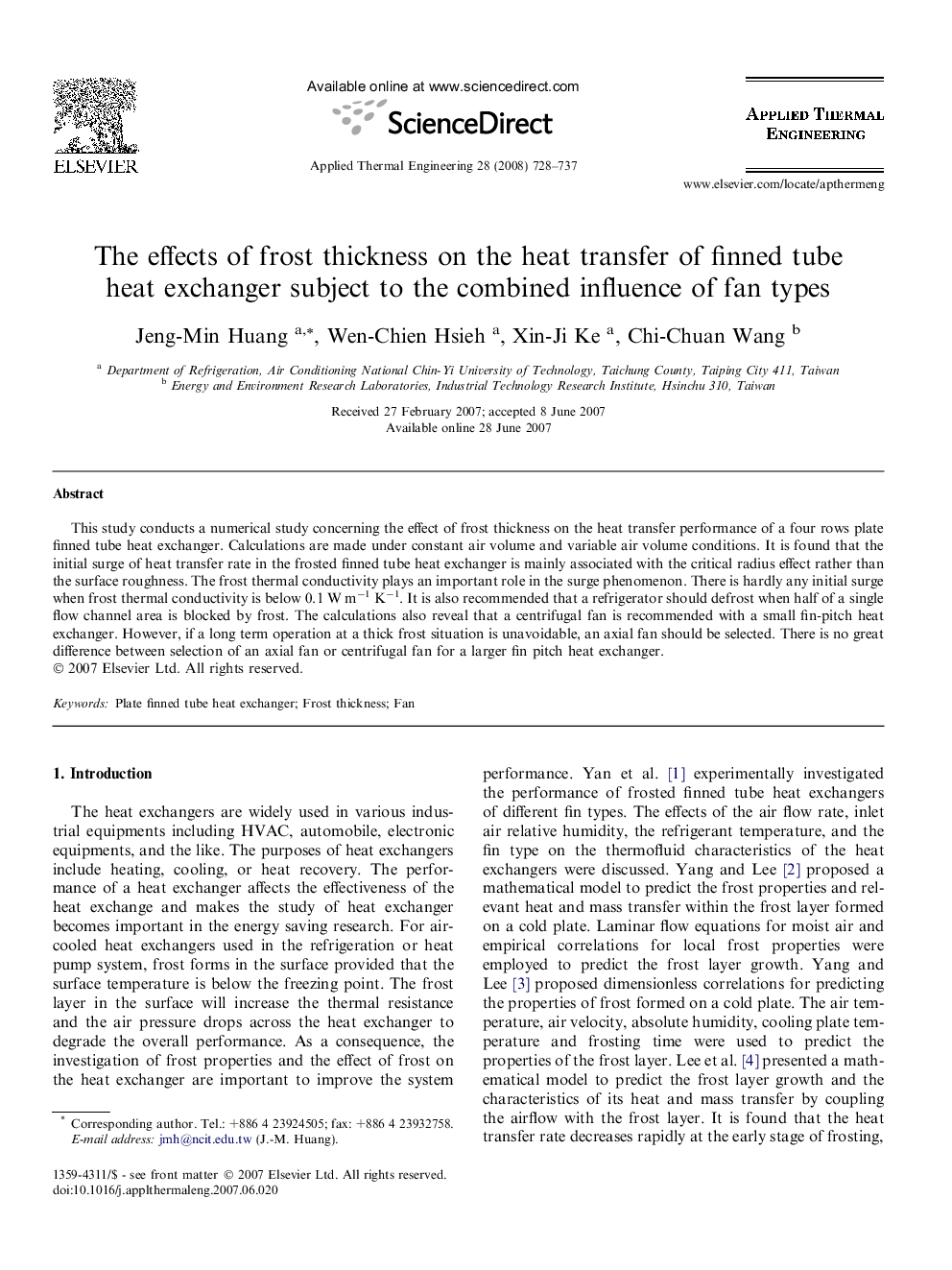 The effects of frost thickness on the heat transfer of finned tube heat exchanger subject to the combined influence of fan types