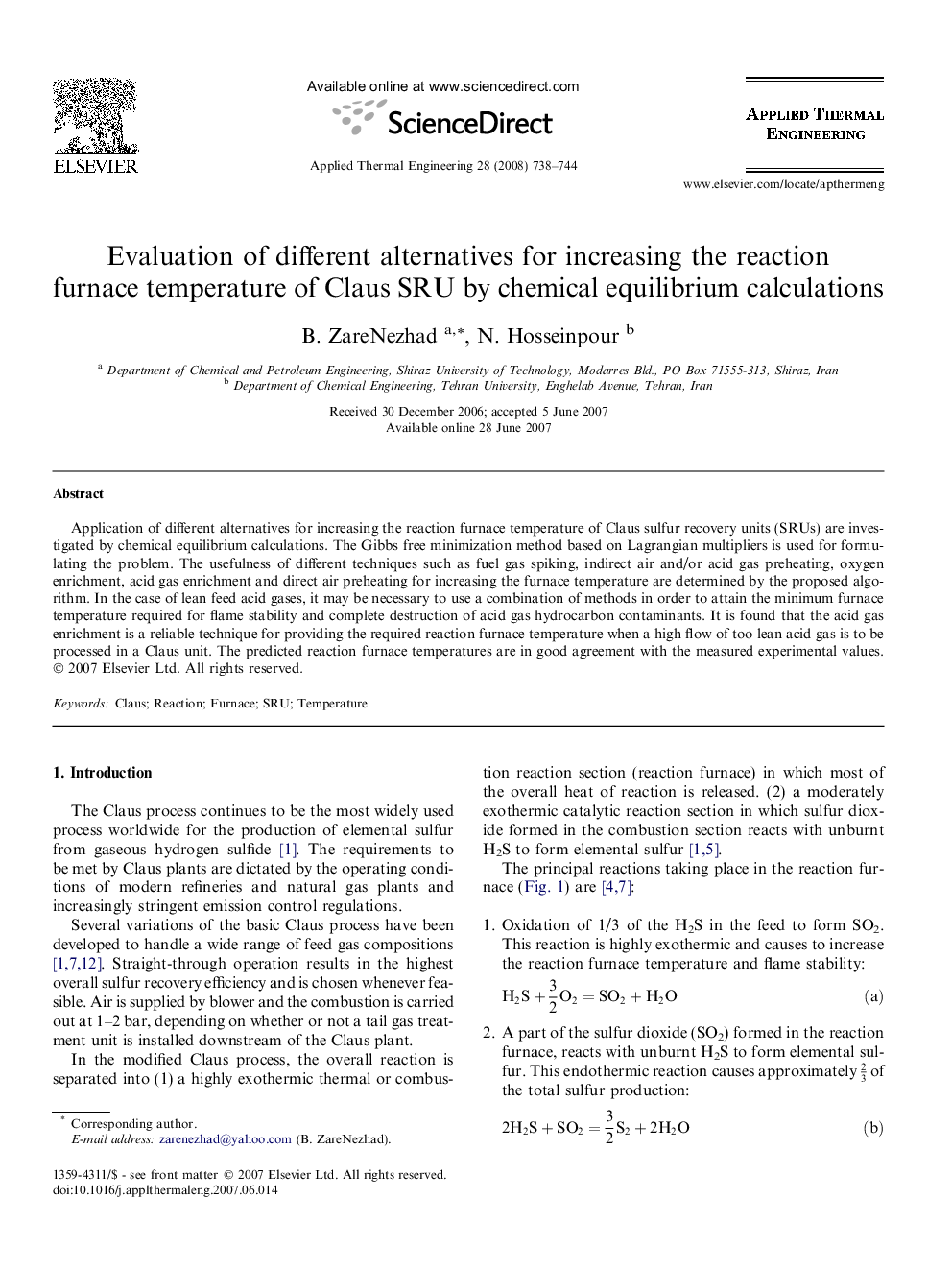 Evaluation of different alternatives for increasing the reaction furnace temperature of Claus SRU by chemical equilibrium calculations