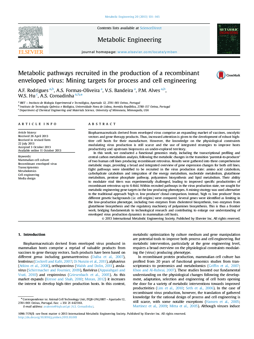 Metabolic pathways recruited in the production of a recombinant enveloped virus: Mining targets for process and cell engineering