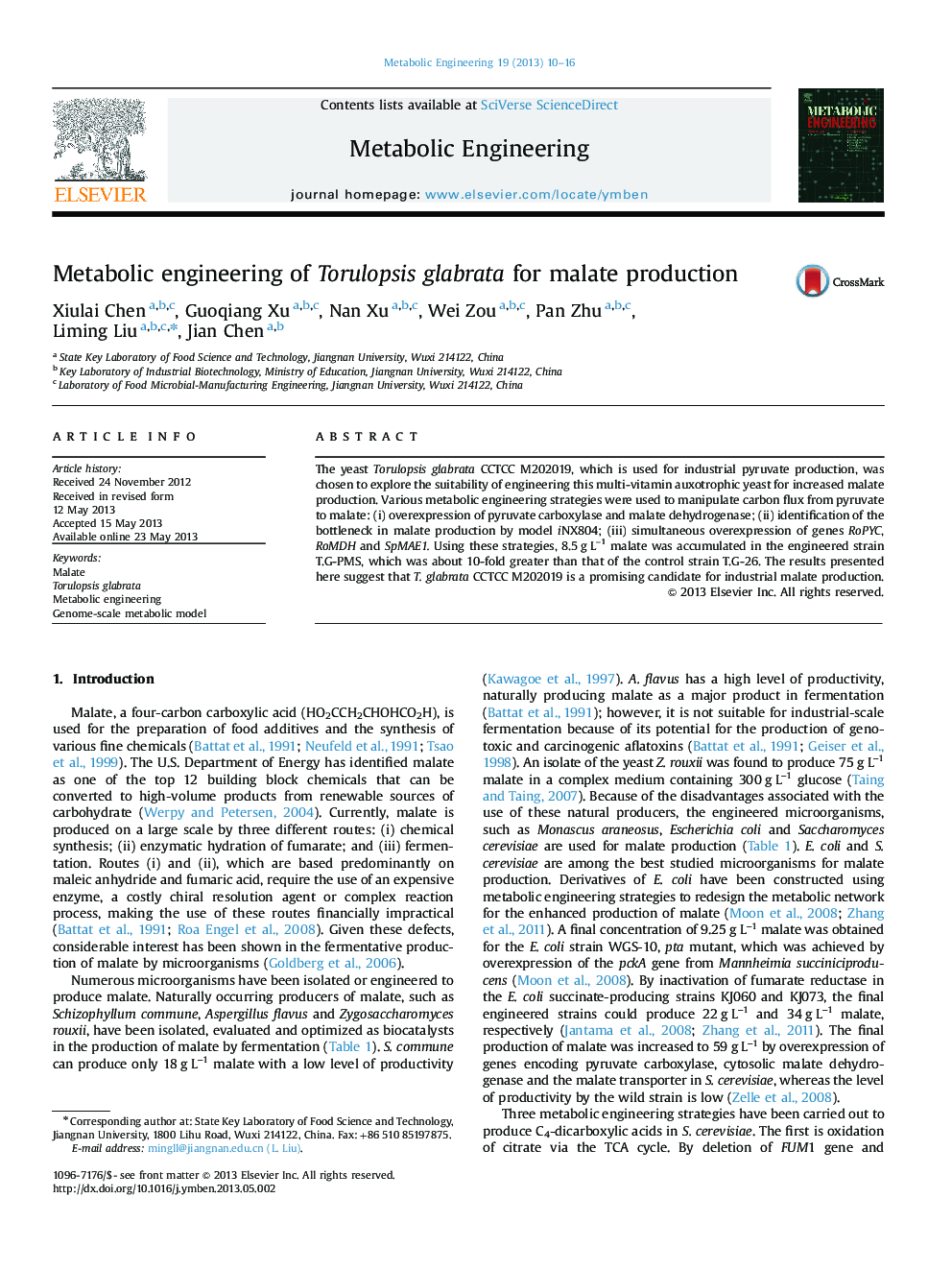 Metabolic engineering of Torulopsis glabrata for malate production