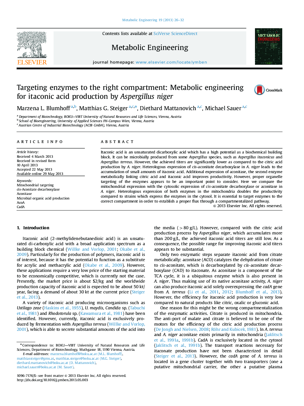 Targeting enzymes to the right compartment: Metabolic engineering for itaconic acid production by Aspergillus niger