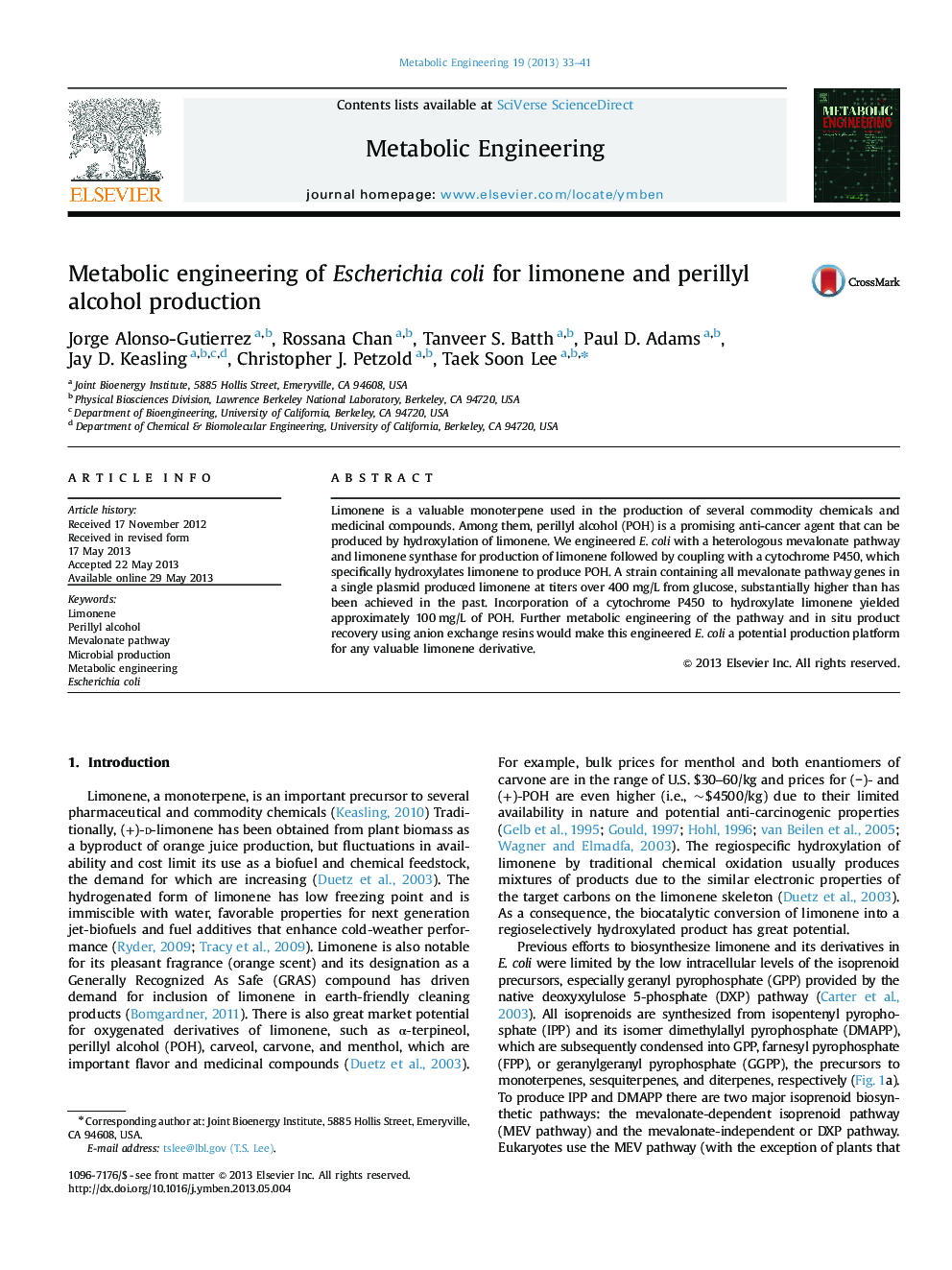 Metabolic engineering of Escherichia coli for limonene and perillyl alcohol production