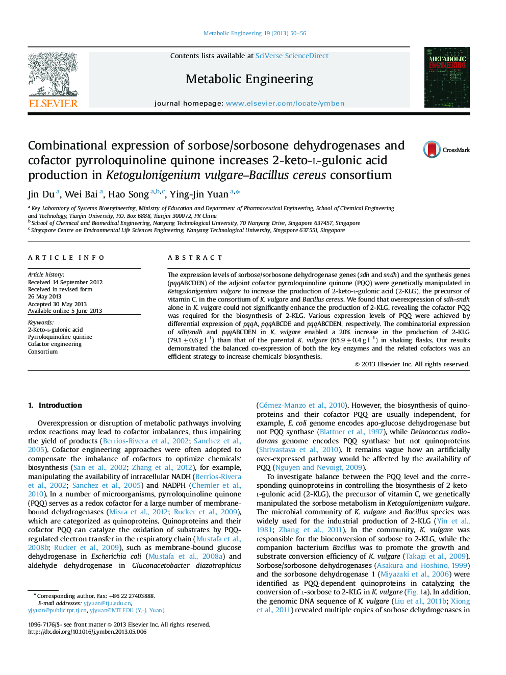 Combinational expression of sorbose/sorbosone dehydrogenases and cofactor pyrroloquinoline quinone increases 2-keto-l-gulonic acid production in Ketogulonigenium vulgare-Bacillus cereus consortium