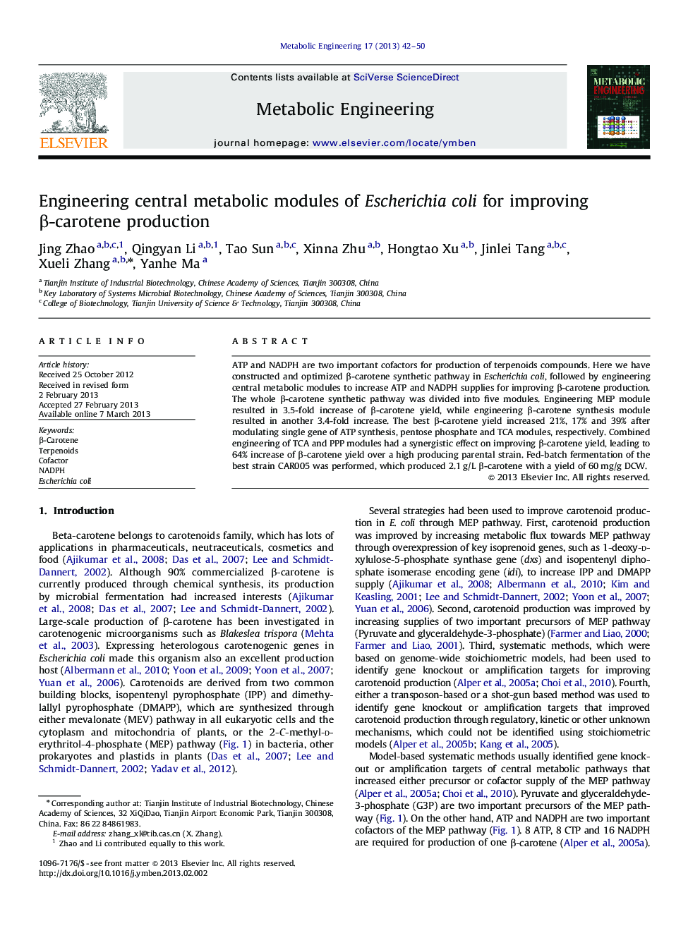 Engineering central metabolic modules of Escherichia coli for improving Î²-carotene production