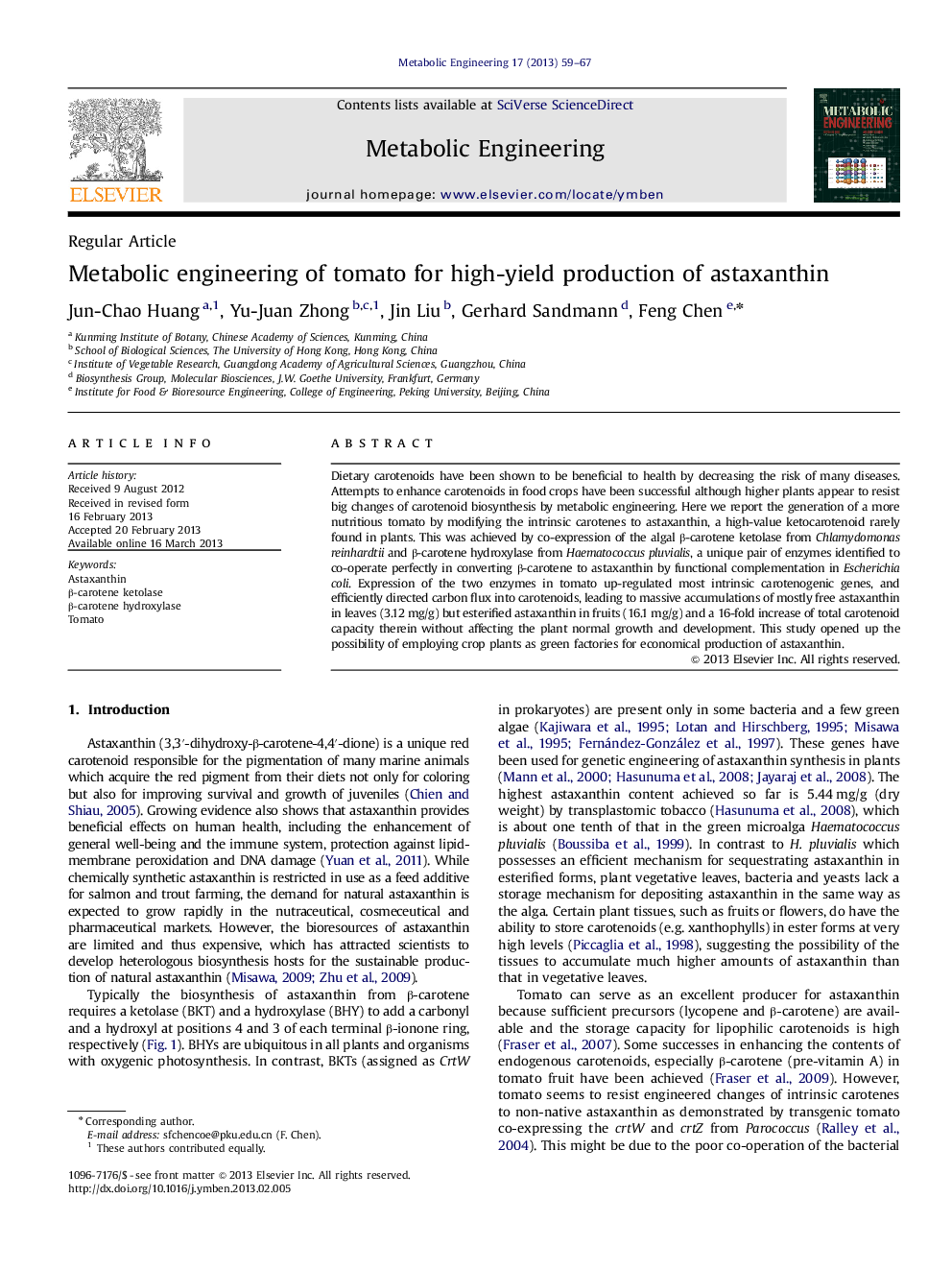 Metabolic engineering of tomato for high-yield production of astaxanthin