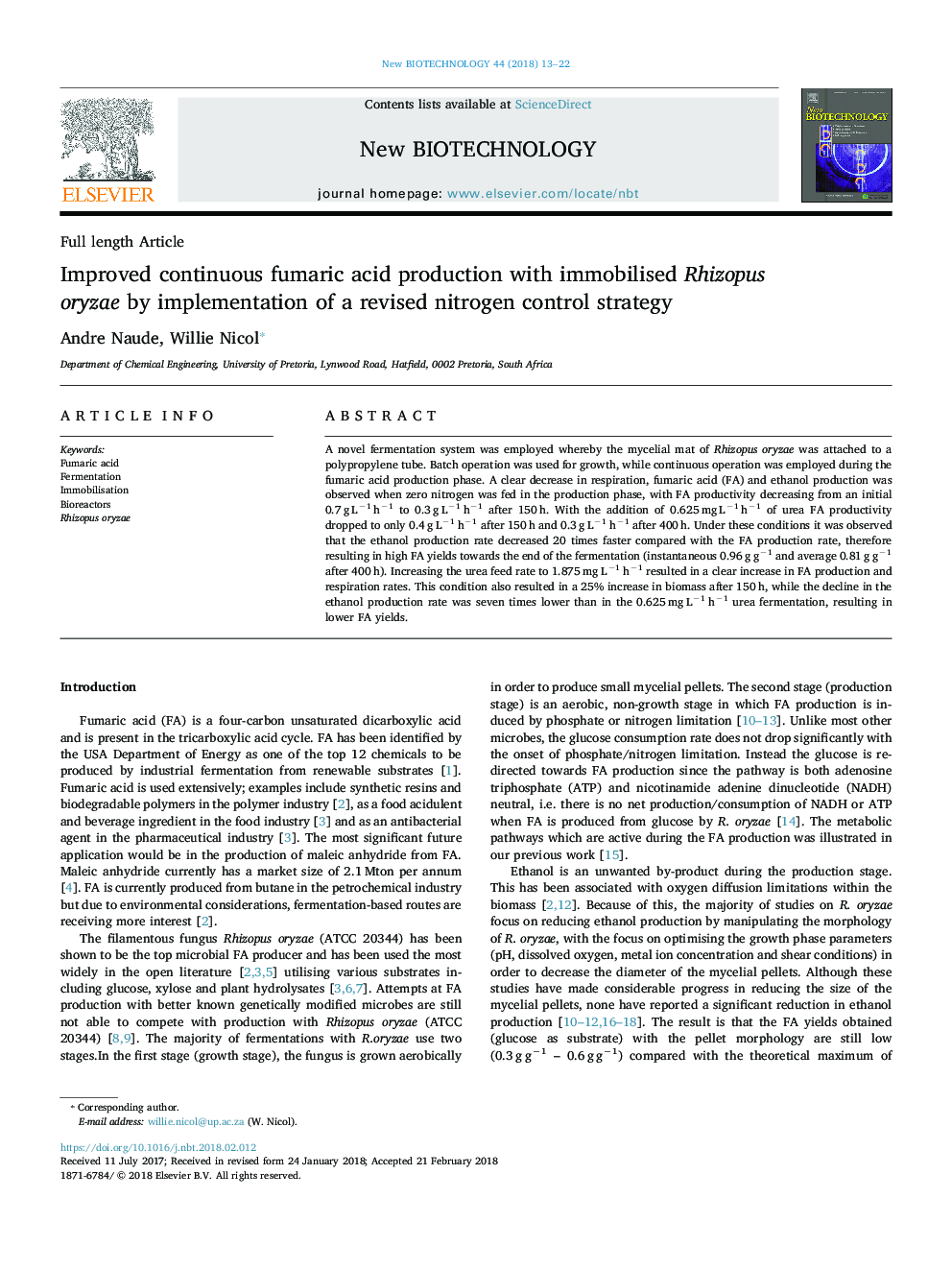 Improved continuous fumaric acid production with immobilised Rhizopus oryzae by implementation of a revised nitrogen control strategy