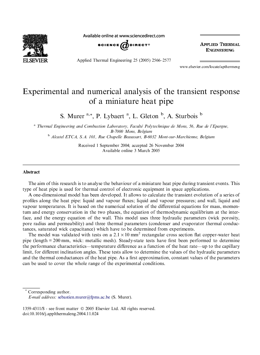 Experimental and numerical analysis of the transient response of a miniature heat pipe