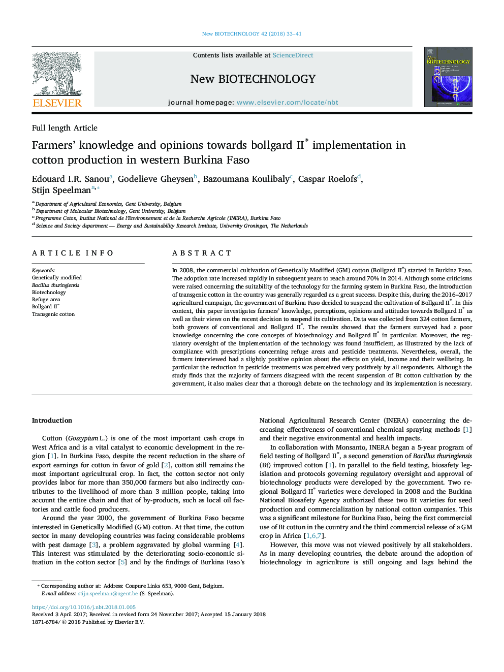 Farmers' knowledge and opinions towards bollgard II® implementation in cotton production in western Burkina Faso