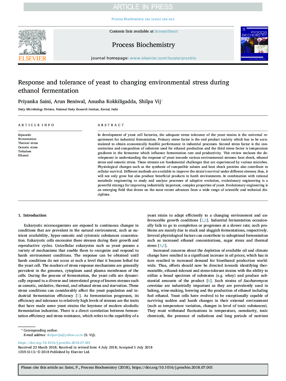 Response and tolerance of yeast to changing environmental stress during ethanol fermentation