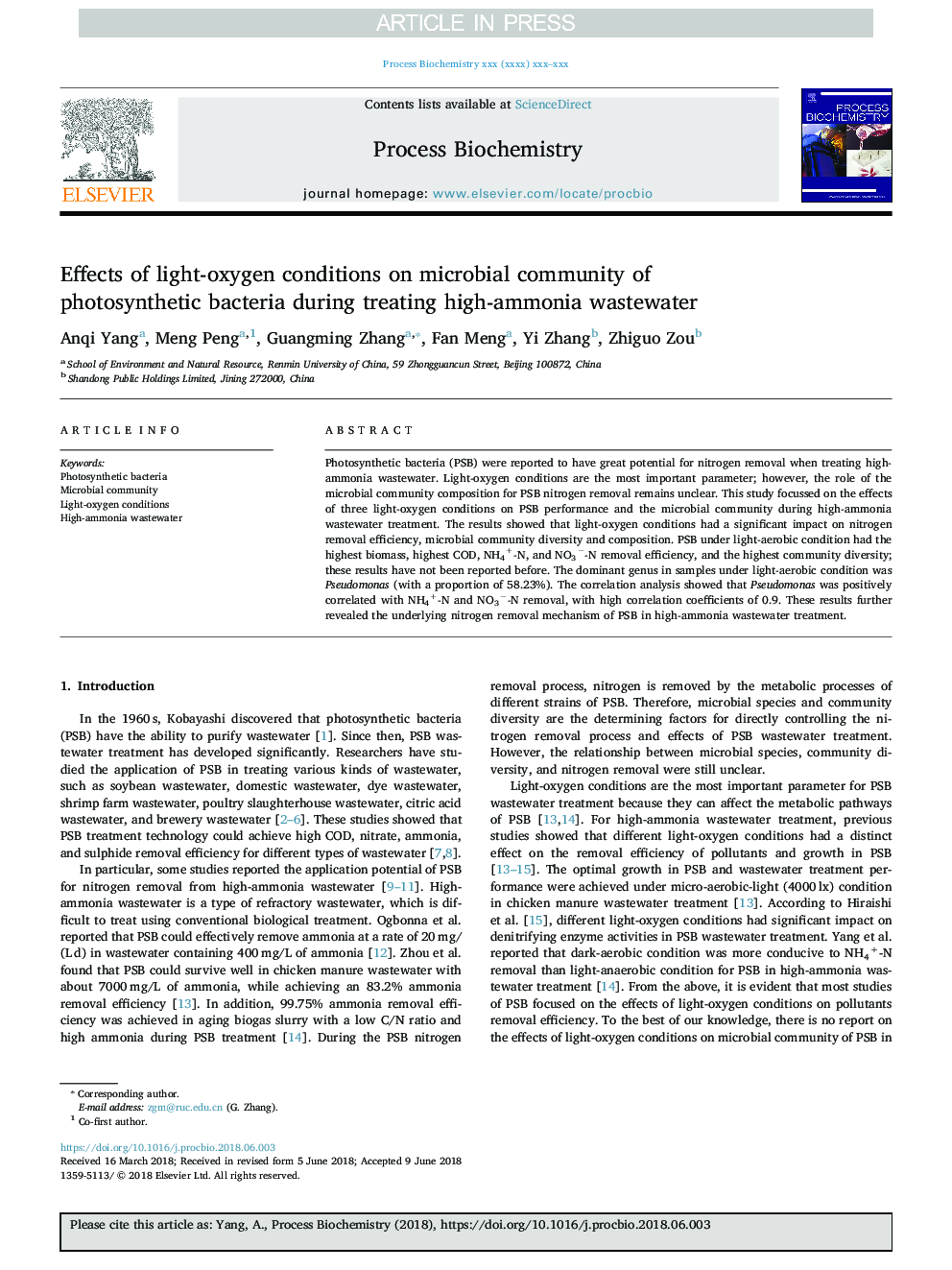 Effects of light-oxygen conditions on microbial community of photosynthetic bacteria during treating high-ammonia wastewater