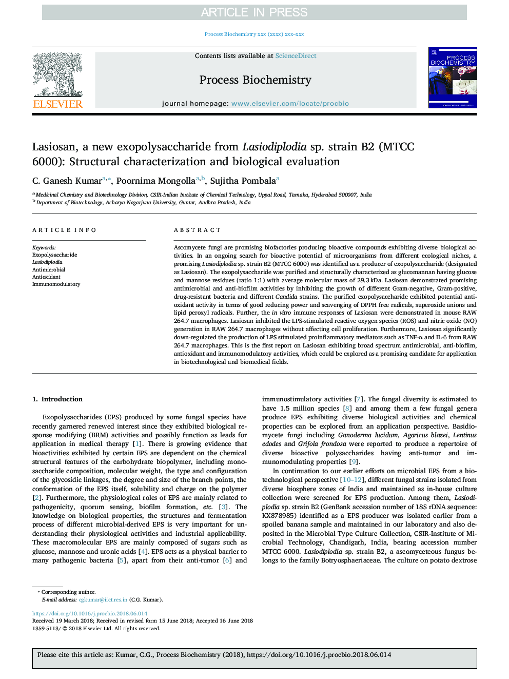 Lasiosan, a new exopolysaccharide from Lasiodiplodia sp. strain B2 (MTCC 6000): Structural characterization and biological evaluation