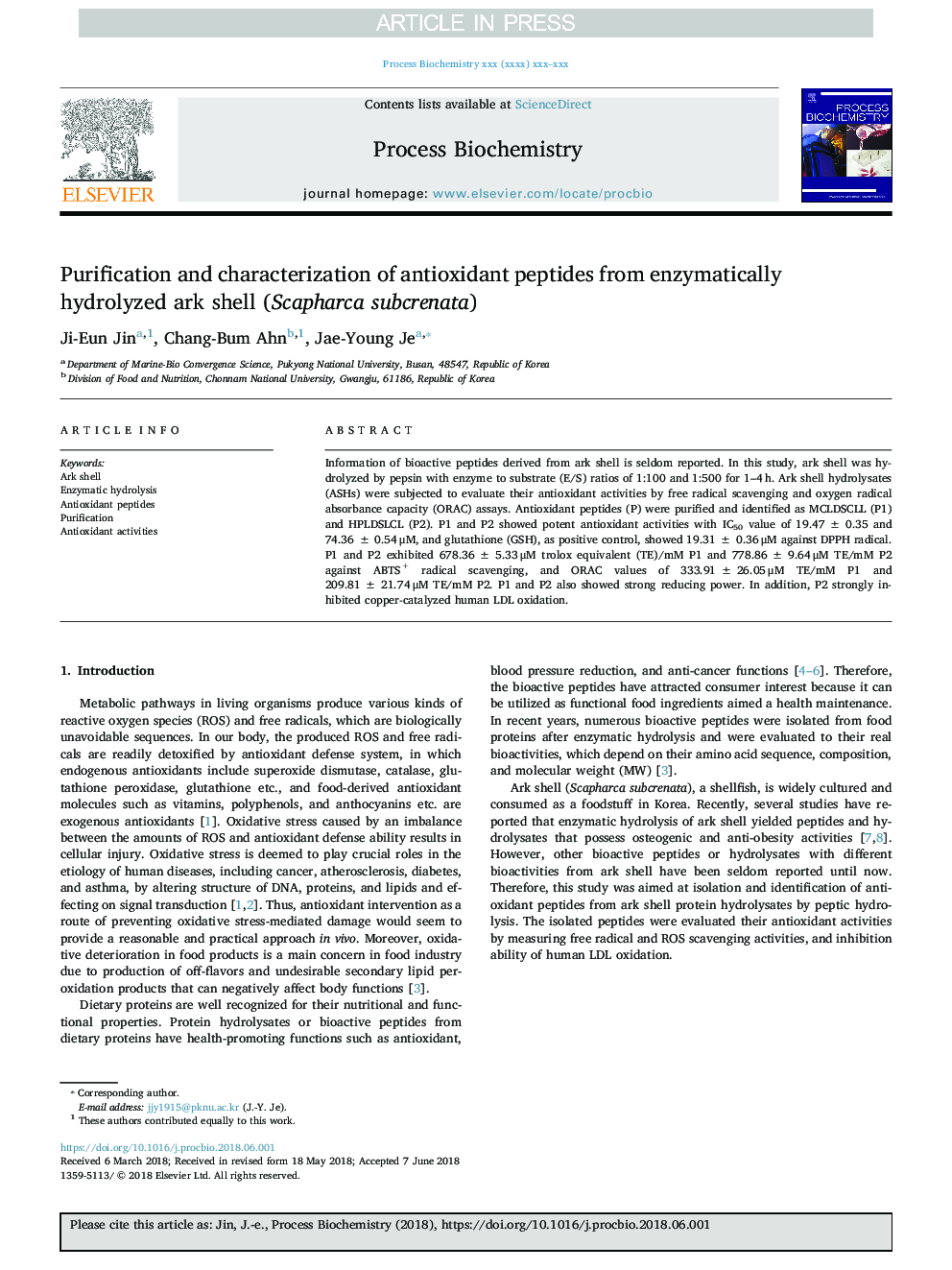 Purification and characterization of antioxidant peptides from enzymatically hydrolyzed ark shell (Scapharca subcrenata)