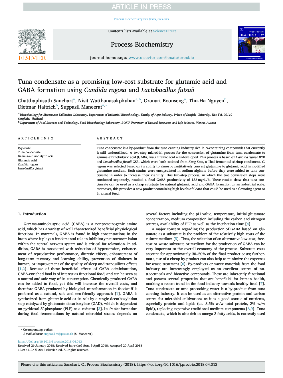 Tuna condensate as a promising low-cost substrate for glutamic acid and GABA formation using Candida rugosa and Lactobacillus futsaii