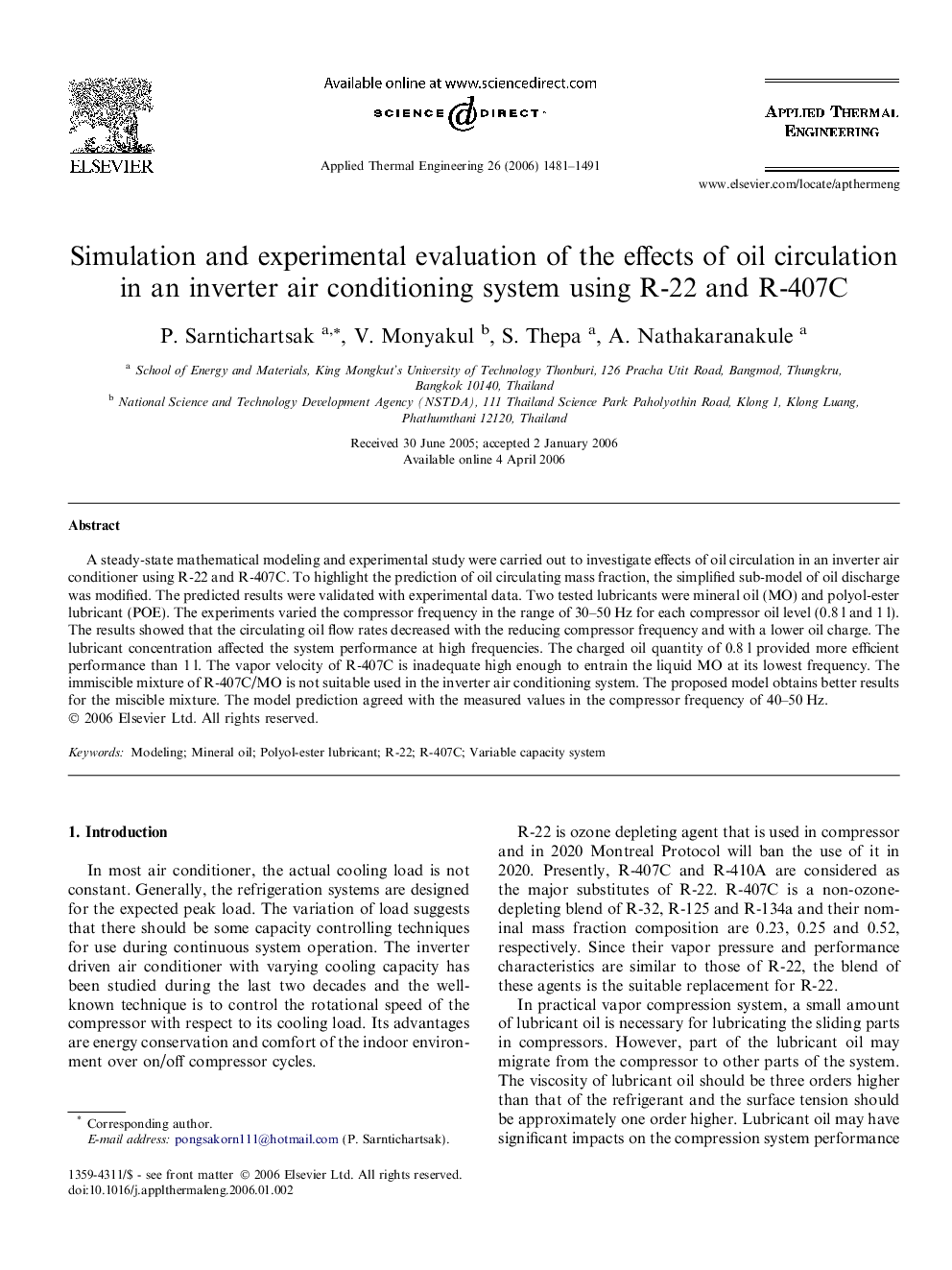 Simulation and experimental evaluation of the effects of oil circulation in an inverter air conditioning system using R-22 and R-407C