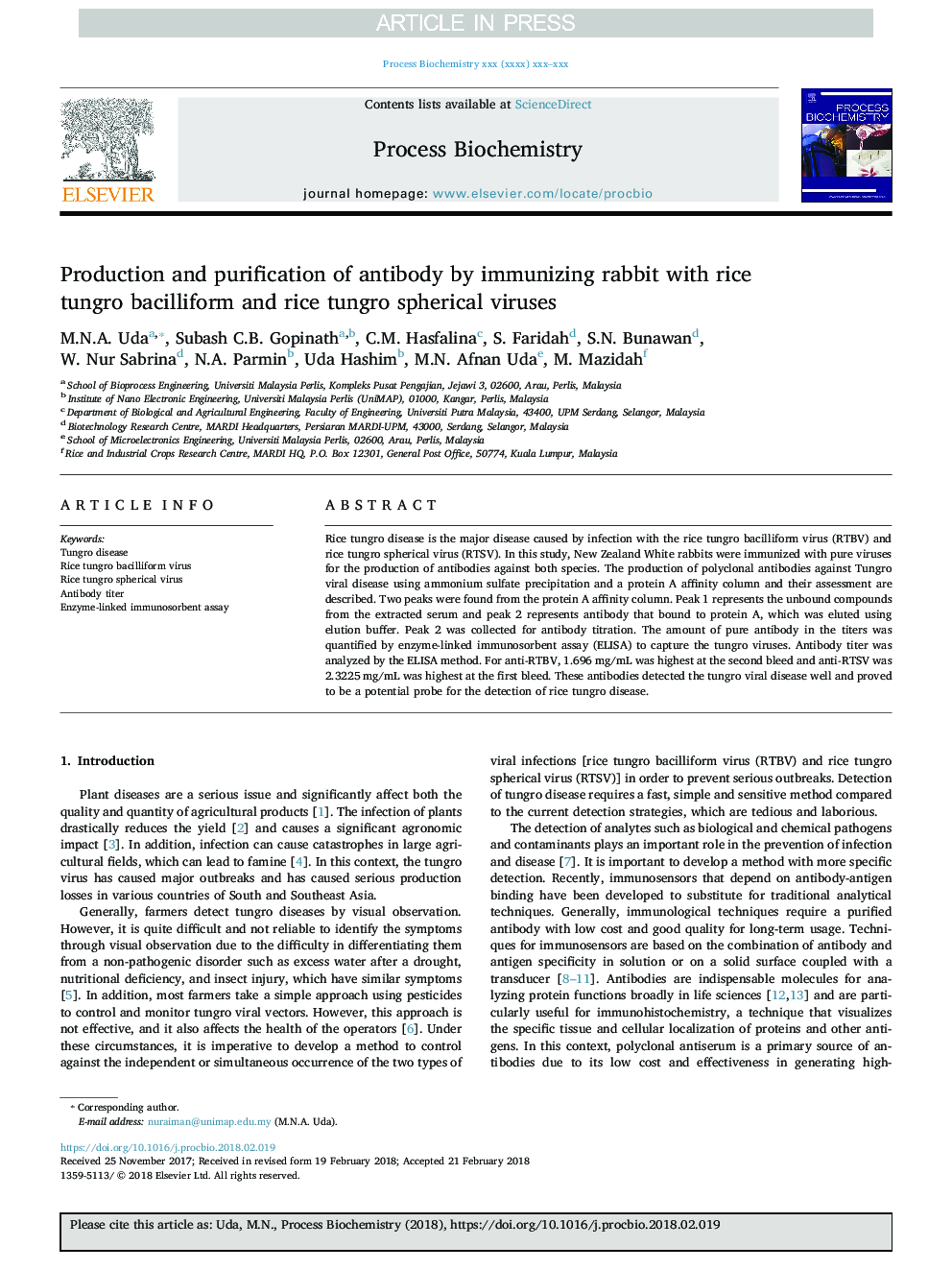 Production and purification of antibody by immunizing rabbit with rice tungro bacilliform and rice tungro spherical viruses