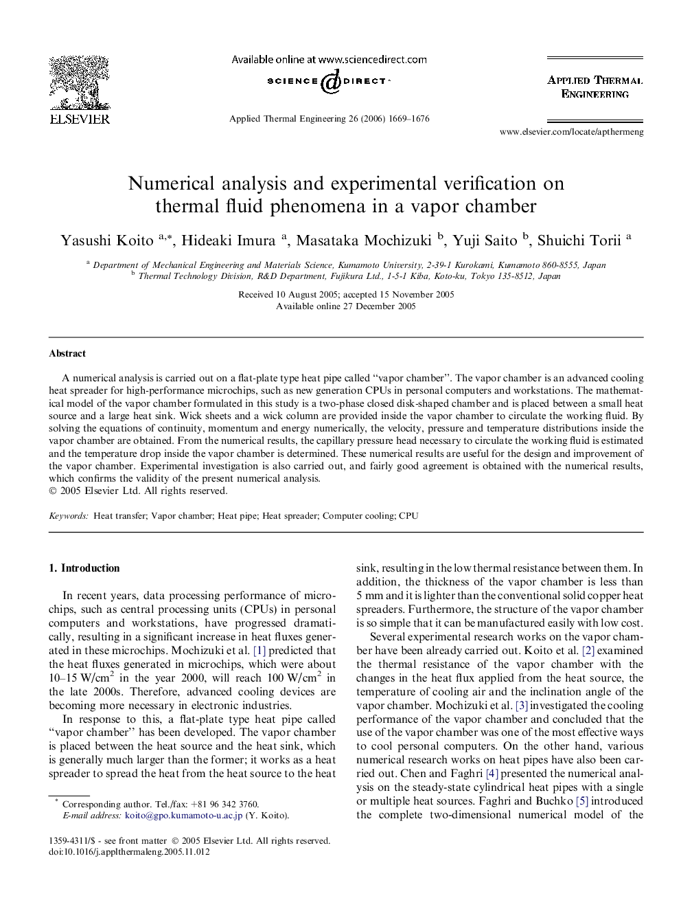 Numerical analysis and experimental verification on thermal fluid phenomena in a vapor chamber