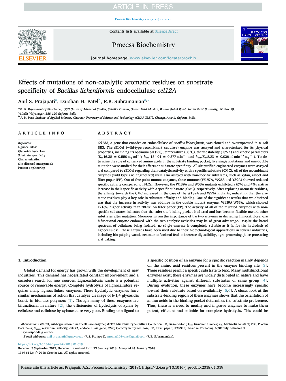 Effects of mutations of non-catalytic aromatic residues on substrate specificity of Bacillus licheniformis endocellulase cel12A