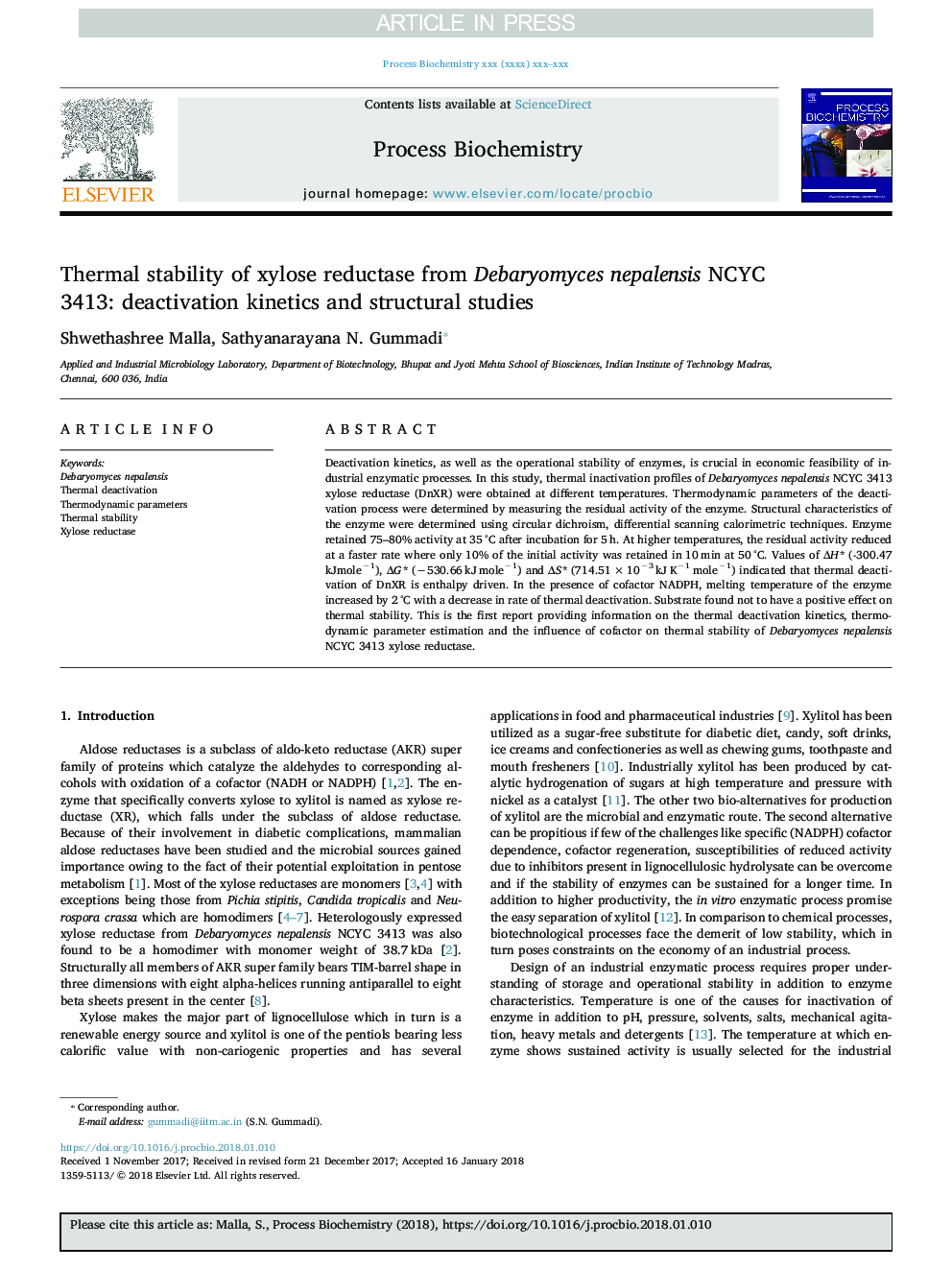 Thermal stability of xylose reductase from Debaryomyces nepalensis NCYC 3413: deactivation kinetics and structural studies