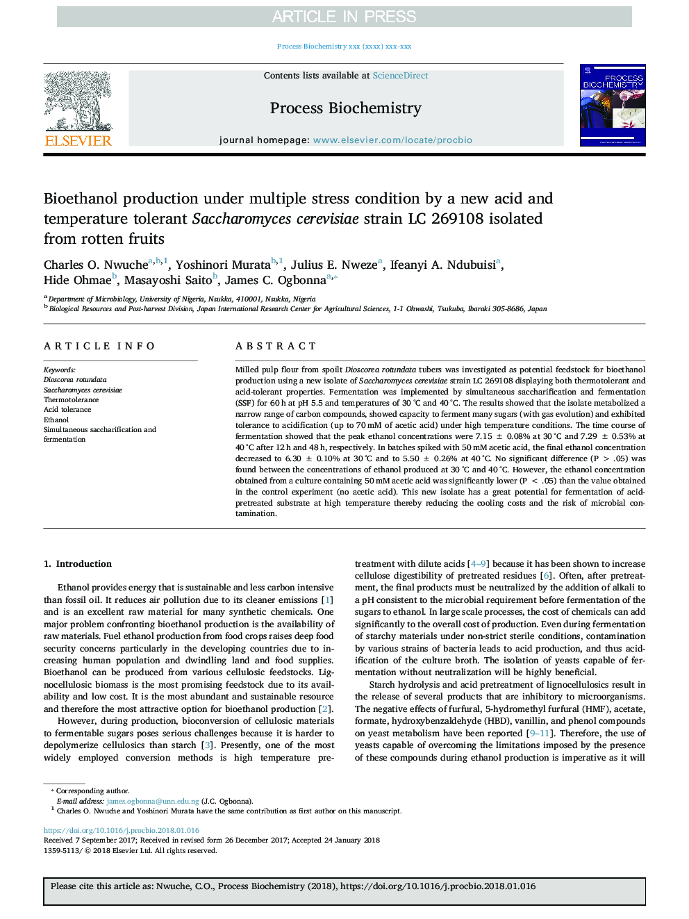 Bioethanol production under multiple stress condition by a new acid and temperature tolerant Saccharomyces cerevisiae strain LC 269108 isolated from rotten fruits