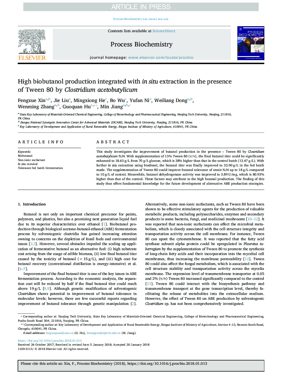 High biobutanol production integrated with in situ extraction in the presence of Tween 80 by Clostridium acetobutylicum