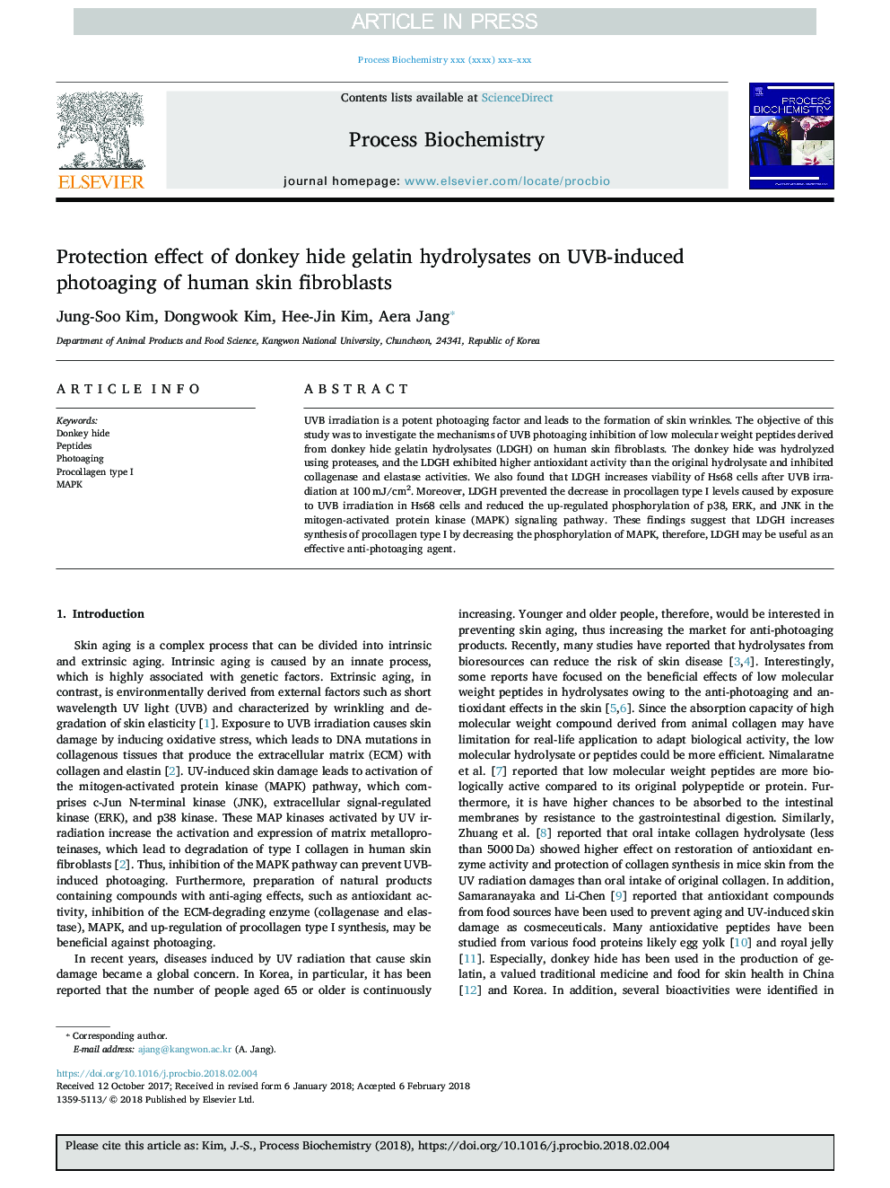 Protection effect of donkey hide gelatin hydrolysates on UVB-induced photoaging of human skin fibroblasts