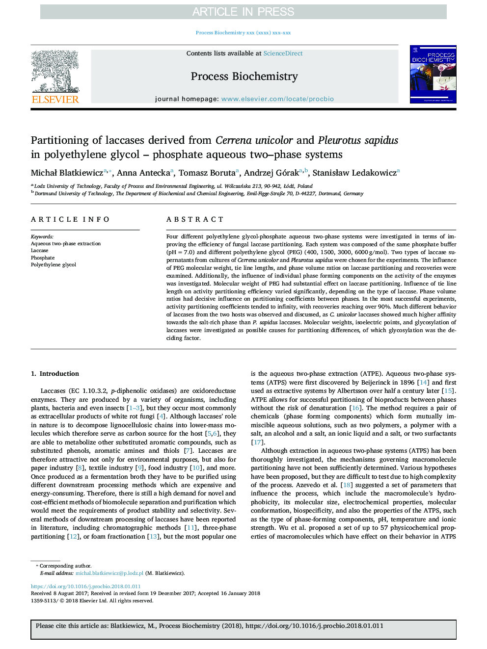 Partitioning of laccases derived from Cerrena unicolor and Pleurotus sapidus in polyethylene glycol - phosphate aqueous two-phase systems